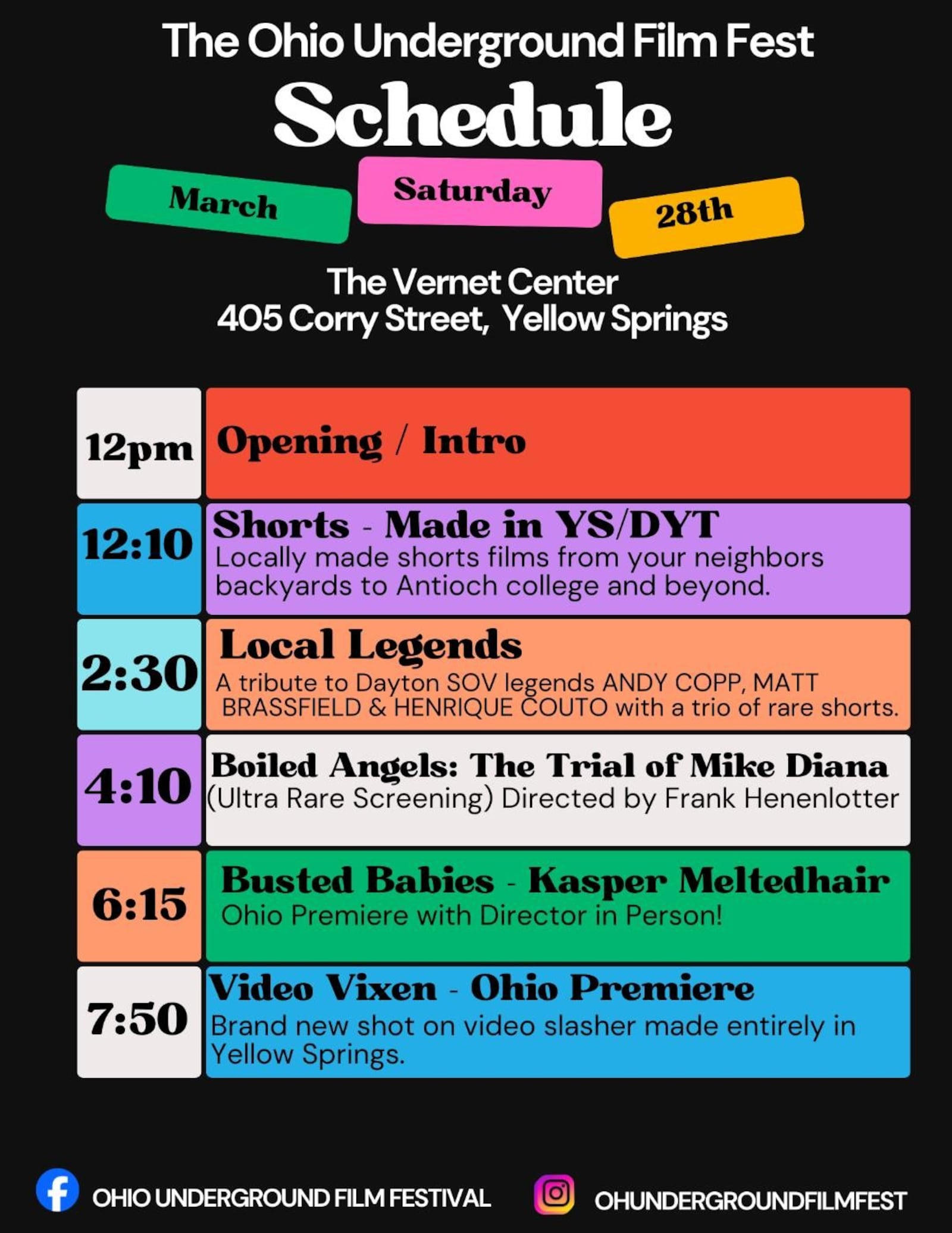 The schedule of events for the inaugural Ohio Underground Film Fest happening March 28 in Yellow Springs. CONTRIBUTED