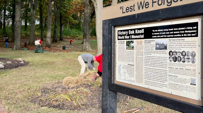 Scouts from BSA Super Troop 193 spruced up Victory Oak Knoll in Kettering on Saturday ahead of Veteran's Day. AIMEE HANCOCK/STAFF