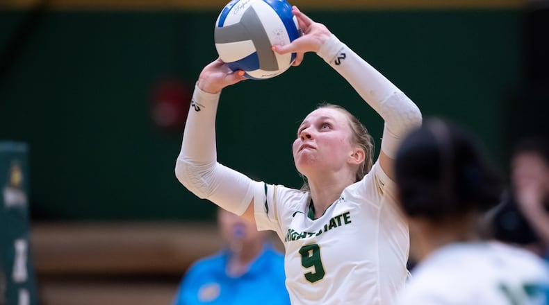 Wright State's Katie Meyer sets the ball to a teammate during a match against Milwaukee at McLin Gym on Nov. 4, 2023. Wright State Athletics photo