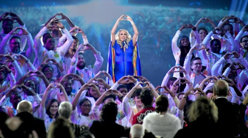 Carrie Underwood set a hopeful tone at the Country Music Association Awards with her song "Love Wins." The 52nd annual ceremony took place at Nashville's Bridgestone Arena on Nov. 14, 2018. (Photo by Michael Loccisano/Getty Images)