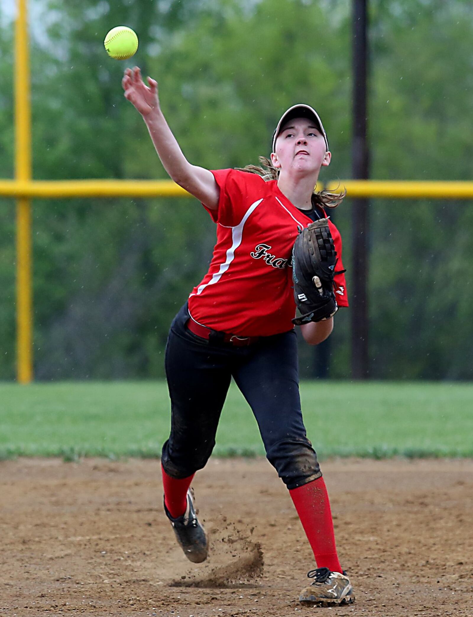 Franklin shortstop Haley Adams makes a throw to first base Wednesday during a game at Monroe. CONTRIBUTED PHOTO BY E.L. HUBBARD