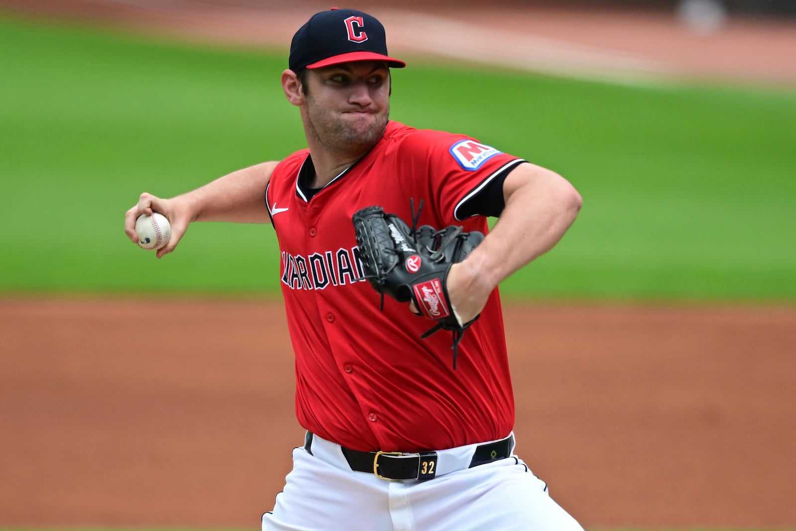 Cleveland Guardians starting pitcher Gavin Williams delivers during the first inning of a baseball game against the Athletics, Sunday, July 20, 2025, in Cleveland. (AP Photo/David Dermer)