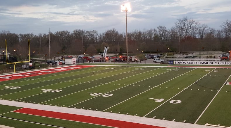 A large crowd gather at the Tipp City Park Monday evening during a stadium lighting event across Ohio to honor the class of 2020 whose senior year has been disrupted by COVID-19.