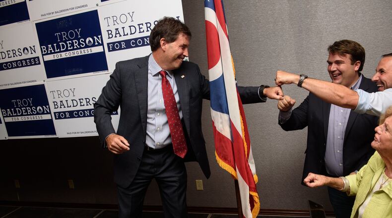 Republican congressional candidate Troy Balderson celebrates after giving his victory speech at his election night party at the DoubleTree by Hilton Hotel on August 7, 2018 in Newark, Ohio. (Photo by Justin Merriman/Getty Images)