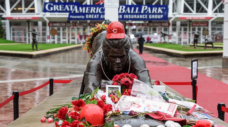 Thousands of Reds fans braved the steady rains to pay their respects to Cincinnati Reds legend and Major League Baseball’s all-time hits leader Pete Rose for a memorial visitation on Sunday, Nov. 10, 2024, at Great American Ball Park. Hosted by the Cincinnati Reds and Rose’s family, the visitation lasted 14 hours, a tribute to the “Hit King’s” jersey number. Rose died on Sept. 30 at the age of 83. TOM GILLIAM / CONTRIBUTING PHOTOGRAPHER