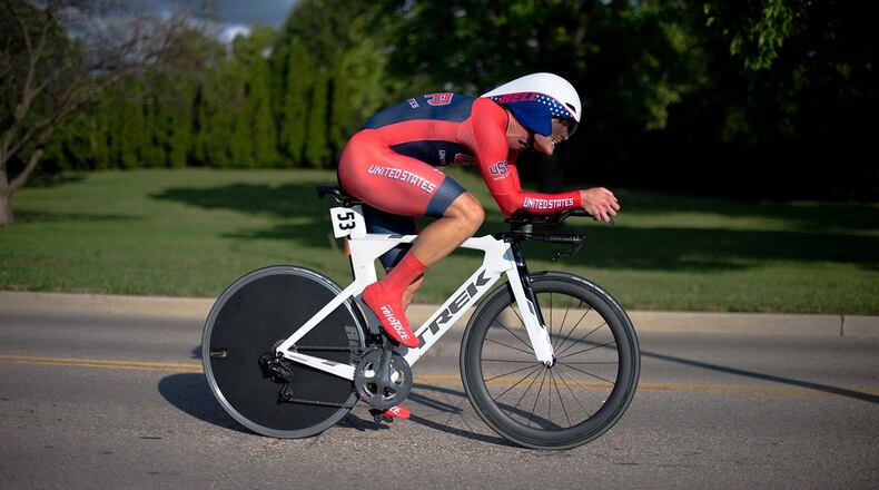Joshua Bozue, 35, of Fairborn participates in the Aug. 11 Blue Streak Time Trial at Wright-Patterson Air Force Base. Bozue finished first in just 20 minutes and 42.6 seconds for an average speed of 29 mph. Bozue has now won each of the first three 2020 Blue Streak Time Trials. (Contributed photo/Chuck Smith)