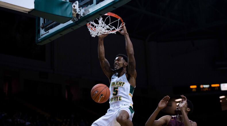 Wright State’s Skyelar Potter throws down a dunk during a season-opening win over Central State on Tuesday, Nov. 5, 2019. Joseph Craven/WRIGHT STATE ATHLETICS