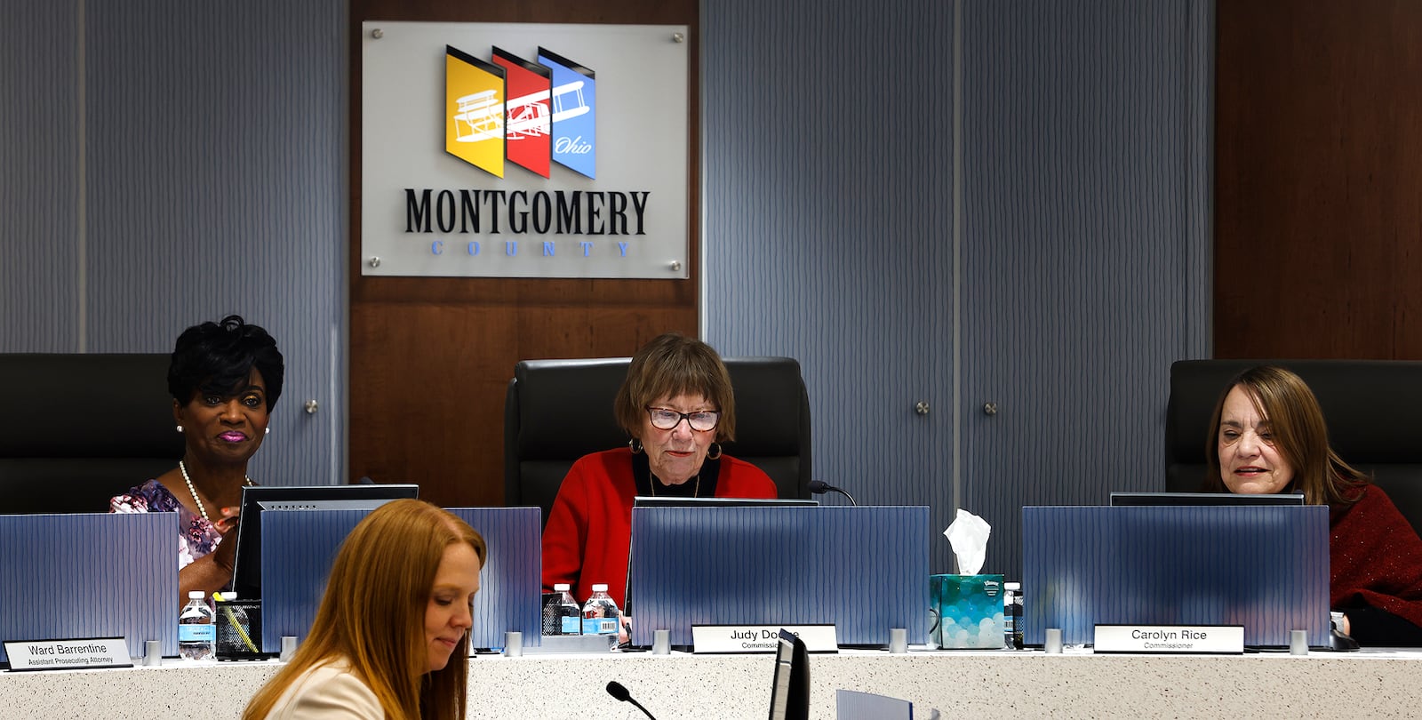 Newly elected Montgomery County commissioner Mary McDonald, left, attends her first commission meeting with, commissioners Judy Dodge, middle, and Carolyn Rice, Tuesday, Jan. 7, 2025. MARSHALL GORBY\STAFF