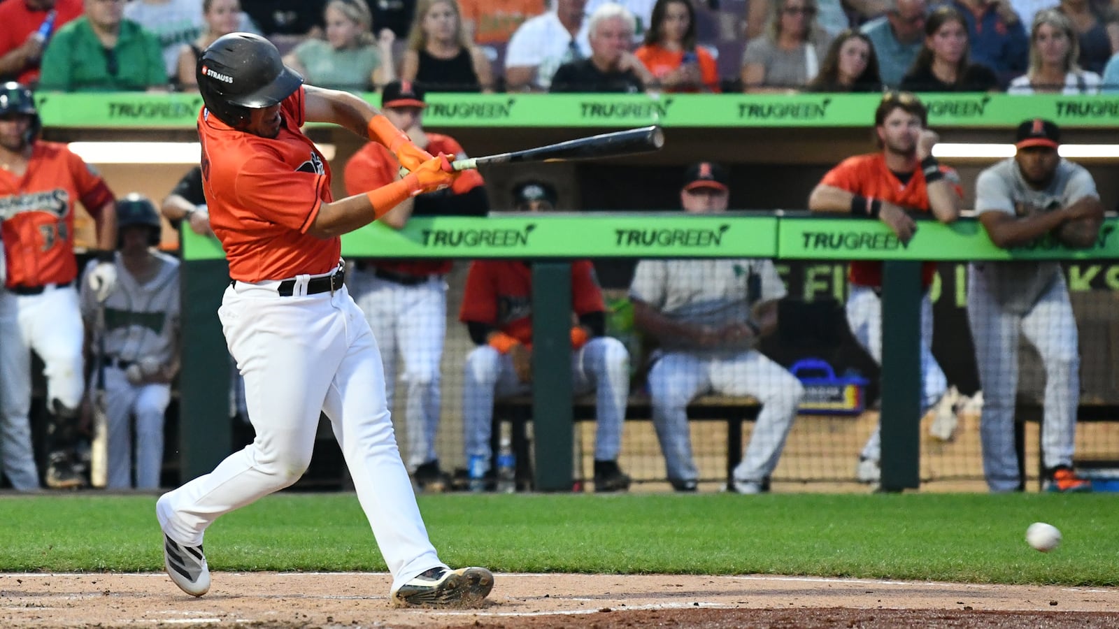 Johnny Ascanio hits the ball toward shortstop and reached on an error to load the bases with two outs in the fifth, but the Dragons failed to score. JEFF GILBERT/CONTRIBUTED