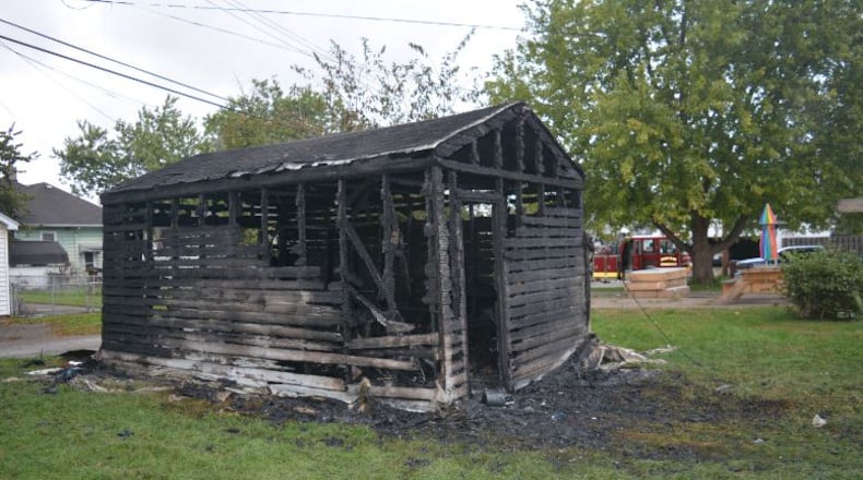 This detached garage in the 900 block of Malvern Street was destroyed by an arson fire Sunday afternoon, fire officials said. CONTRIBUTED