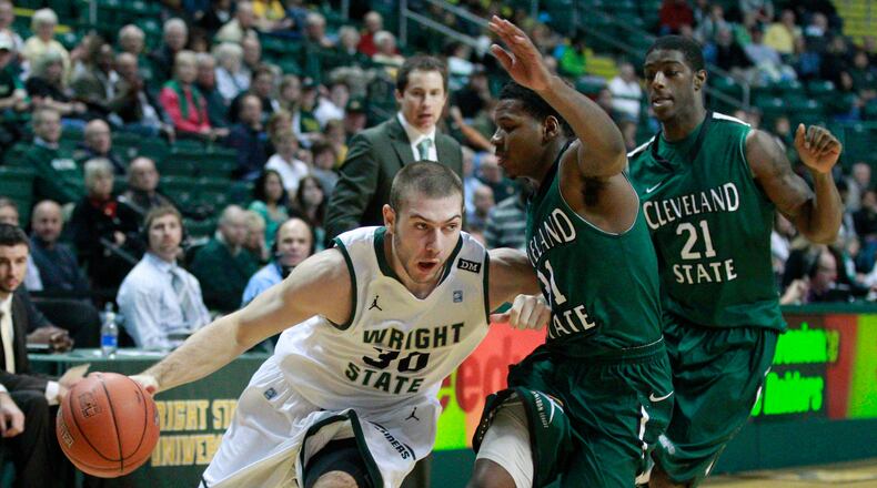 Joe Bramanti (30) of Wright State is guarded by Charlie Lee (31) of Cleveland State during Wednesday's basketball game at the E.J. Nutter Center in Dayton on Jan. 9, 2013. Wright State won the game 69-53. Photo by Barbara J. Perenic/Cox Media Group