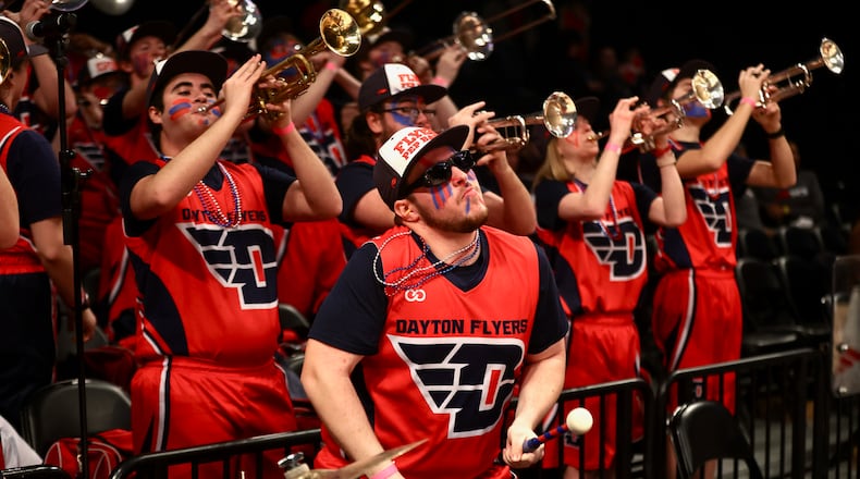 The Flyer Pep Band plays before Dayton's game against Saint Joseph’s in the quarterfinals of the Atlantic 10 Conference tournament on Thursday, March 9, 2023, at the Barclays Center in Brooklyn, N.Y. David Jablonski/Staff