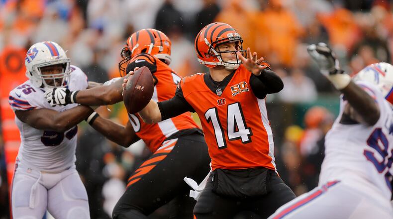 CINCINNATI, OH - OCTOBER 8: Andy Dalton #14 of the Cincinnati Bengals throws a pass during the second quarter of the game against the Buffalo Bills at Paul Brown Stadium on October 8, 2017 in Cincinnati, Ohio. (Photo by Michael Reaves/Getty Images)
