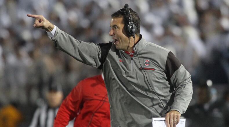 Ohio State’s Luke Fickell shouts to his defense during a game against Penn State on Saturday, Oct. 22, 2016, at Beaver Stadium in State College, Pa. David Jablonski/Staff