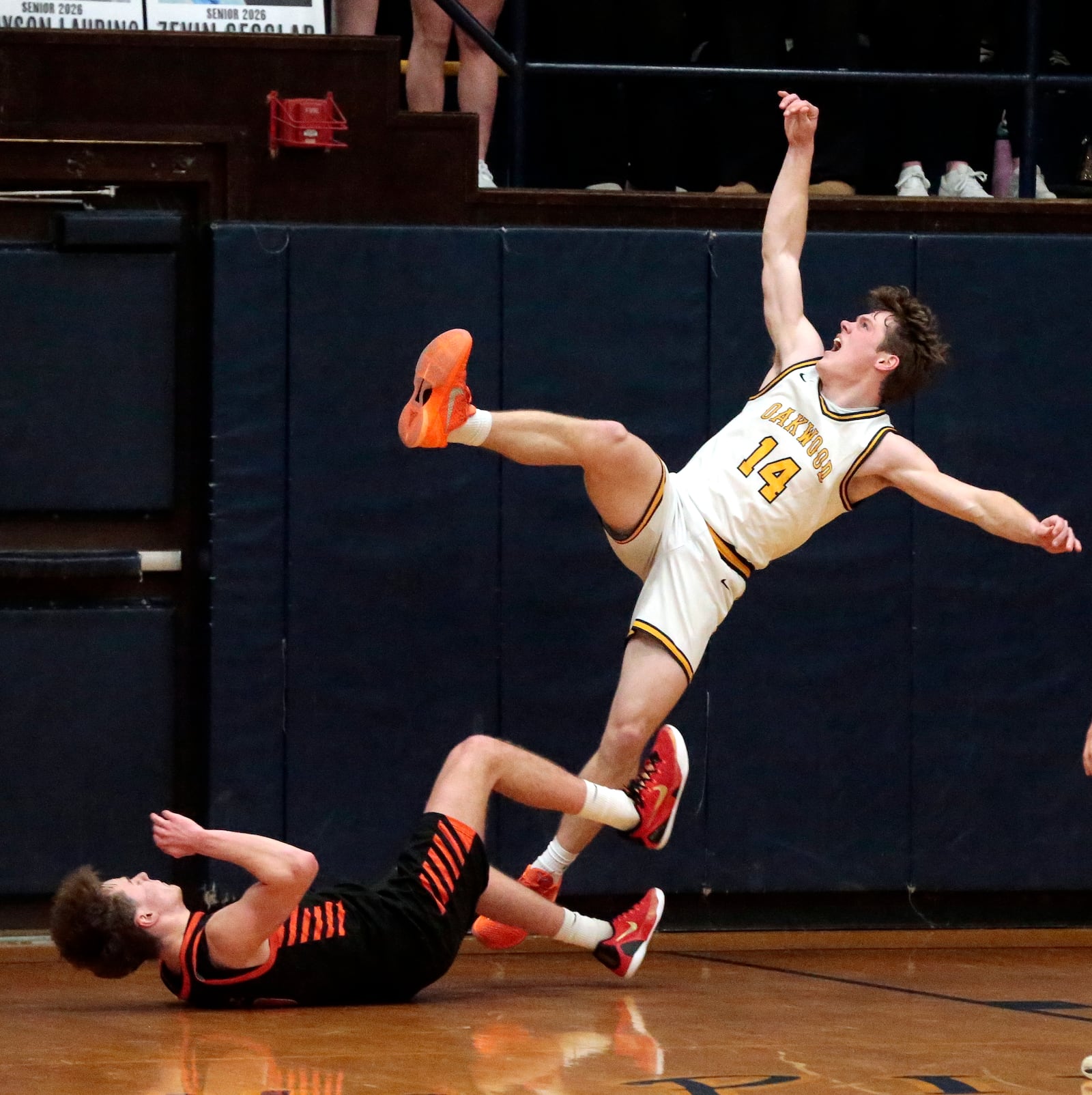 Oakwood junior Michael Woeste puts up an off balance shot as he is fouled during their game against Waynesville on Friday, Feb. 20, 2026, at The Pit in Oakwood. The Spartans won 47-42 to clinch the outright Southwestern Buckeye League Buckeye Division title. STEVEN WRIGHT / STAFF