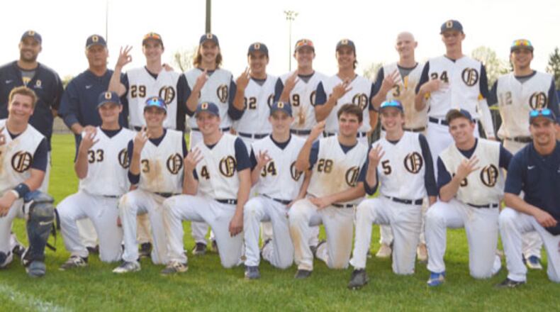 Oakwood players celebrate a third straight SWBL title following Wednesday’s 17-13 defeat of visiting Monroe. CONTRIBUTED PHOTO