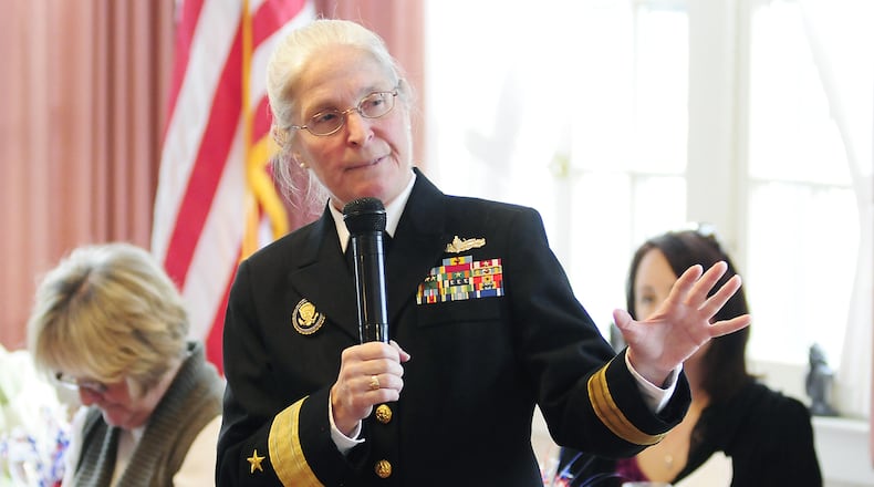 Retired U.S Navy Rear Admiral Deborah A. Loewer special guest speaker at the Woman's Town Club in Springfield as part of the Women's History Month. A graduate of Springfield Shawnee High School and Wright State University. As one of the first women officers assigned shipboard duty, then Lieutenant , junior grade Lower served on the destroyer tender USS Yosemite AD-19 as electrical division officer, operations officer, navigator and administrative officer. On September 11, 2001 traveling with President George W. Bush to an elementary school in Florida informed the President of the first aircraft that crashed into the World Trade Center Contributed Photo by Charles Caperton