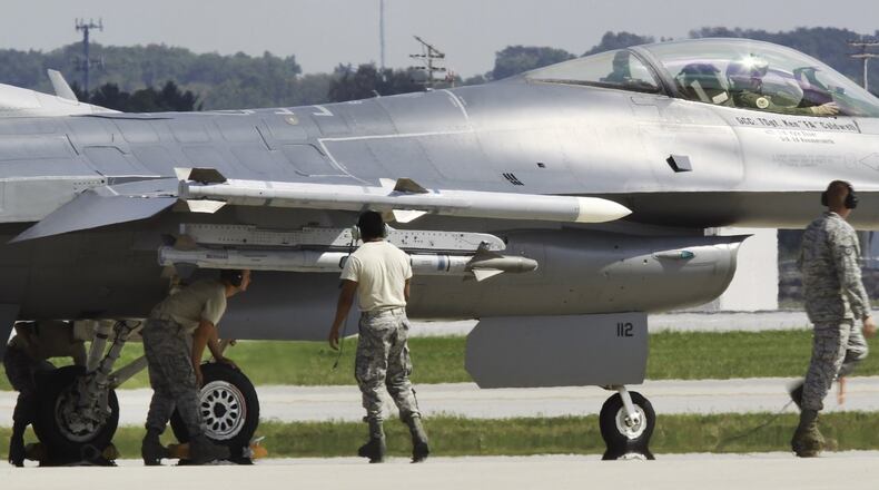 F-16 crews from the Ohio Air National Guard’s 180th Fighter Wing flew training missions out of Wright-Patterson Air Force Base in 2013, while their home runway at Toledo Express Airport was repaved. CHRIS STEWART / STAFF FILE PHOTO
