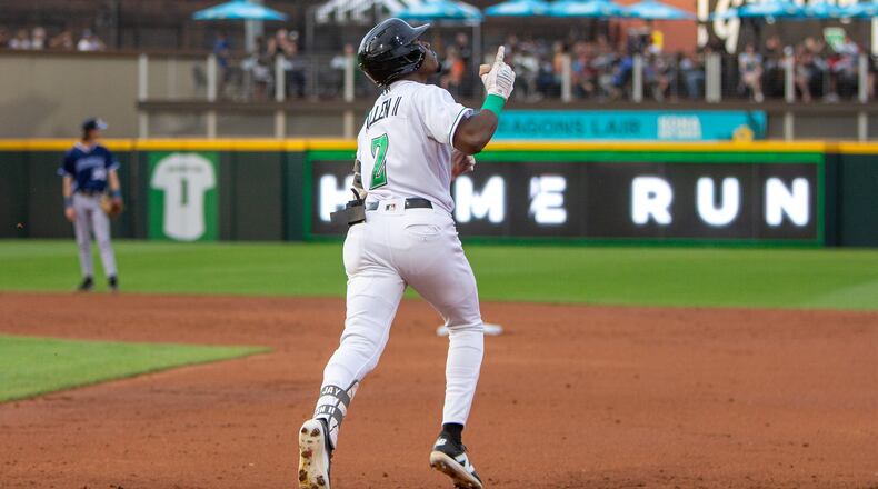 Jay Allen II rounds first base after hitting a two-run homer in the third inning Wednesday night at Day Air Ballpark. Jeff Gilbert/CONTRIBUTED