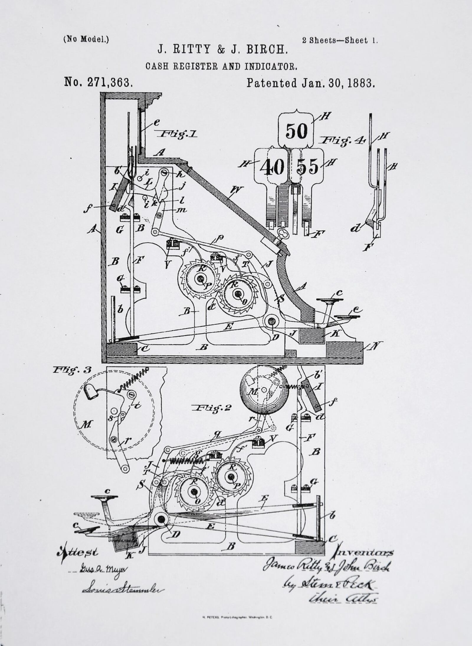 Patent No. 271,363 for a version of the “Cash Register and Indicator” invented by James Ritty and John Birch was patented Jan. 30, 1883.