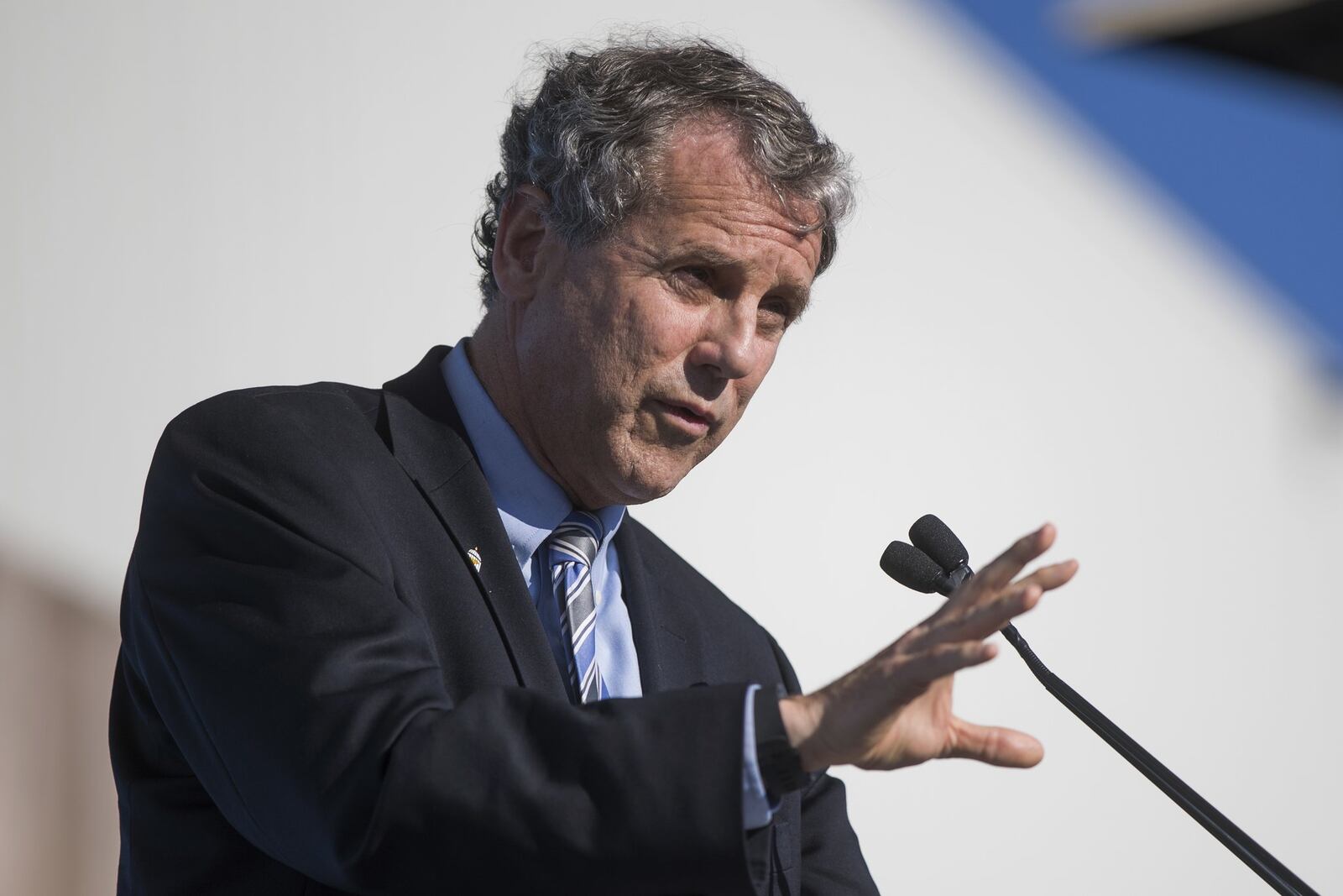 Sen. Sherrod Brown, D-Ohio, speaks at the Fuyao Glass America plant, Friday, Oct. 7, 2016, in Moraine. (AP Photo/John Minchillo)