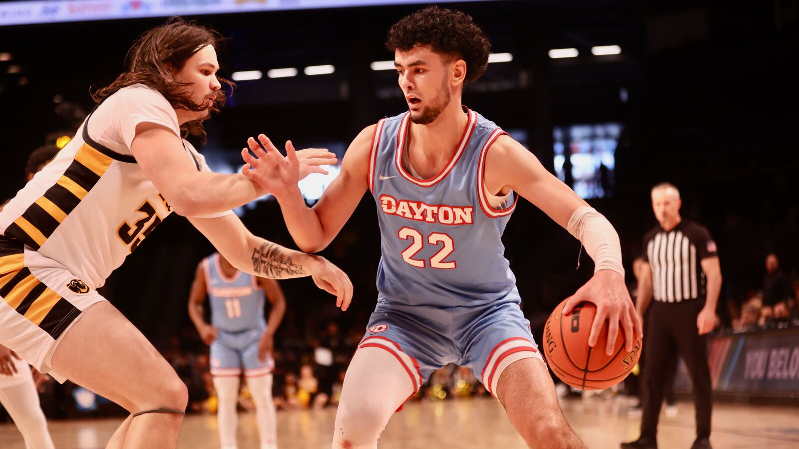 Dayton's Mustapha Amzil dribbles against Virginia Commonwealth's David Shriver in the Atlantic 10 Conference championship game on Saturday, March 12, 2023, at the Barclays Center in Brooklyn, N.Y. David Jablonski/Staff