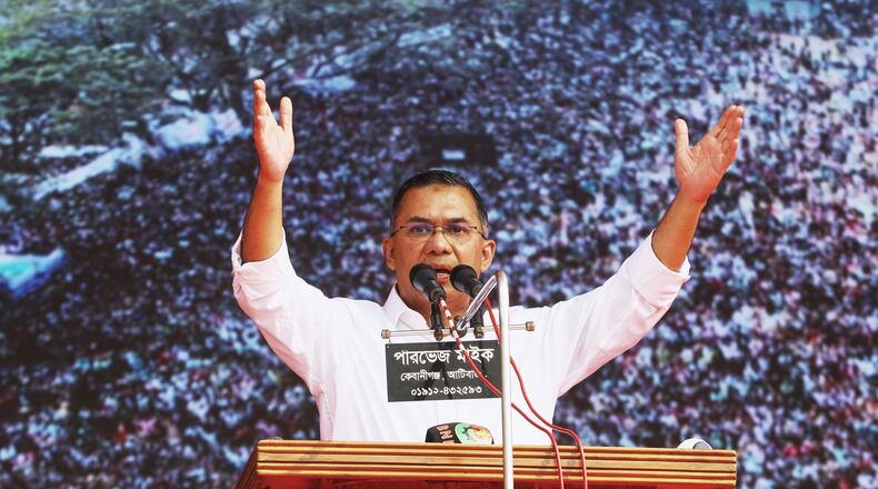 Tarique Rahman, the son of former Prime Minister Khaleda Zia and chairman of the Bangladesh Nationalist Party (BNP), addresses a campaign rally ahead of next month's national elections, in Sylhet, Bangladesh, Thursday, Jan. 22, 2026. (AP Photo/Anis Mahmud)