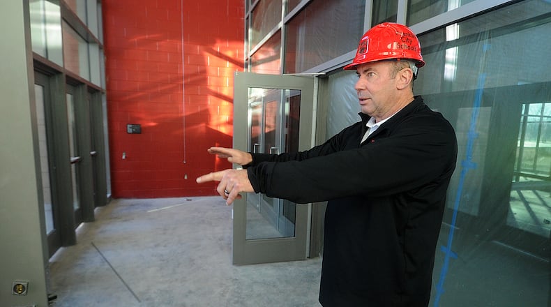 Superintendent Michael Sander talks about the new secure entryway into the new Franklin High School located on East Sixth Street. The district is asking for an additional $3 million for operating expenses. None of the money allocated for construction can be used for operations, and vice versa.  MARSHALL GORBY\STAFF