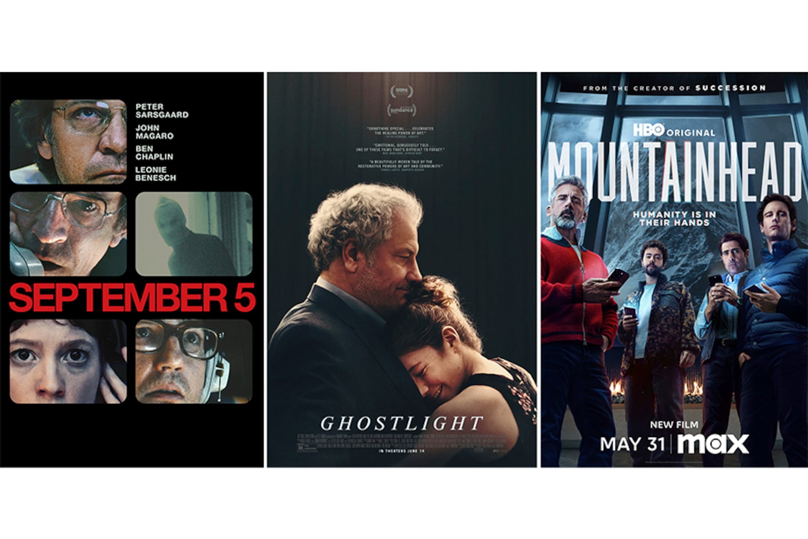 This combination of images shows promotional art for "September 5", from left, "Ghostlight", and "Mountainhead." (Prime Video/Kanopy/HBO Max via AP)