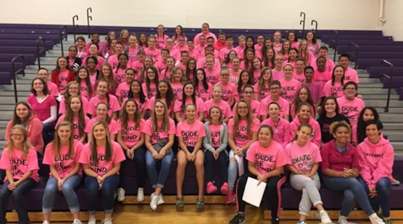 Morton Middle School students display their “Dude. Be Kind.” shirts in hopes to promote kindness in school and daily lives. CONTRIBUTED