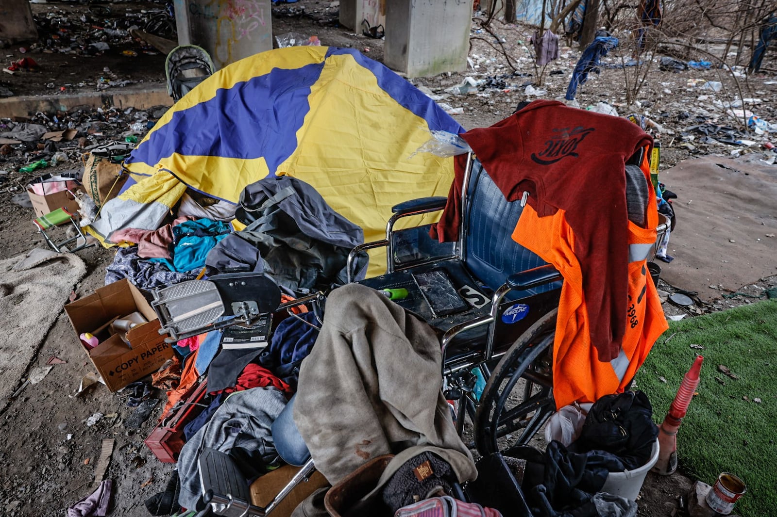 A large homeless encampment is located on East Monument Ave. under the railroad trestle near Dragon Auto Sales. The 2023 Montgomery County Point-in-Time (PIT) Count of homelessness included 771 people, 107 of whom were unsheltered. JIM NOELKER/STAFF