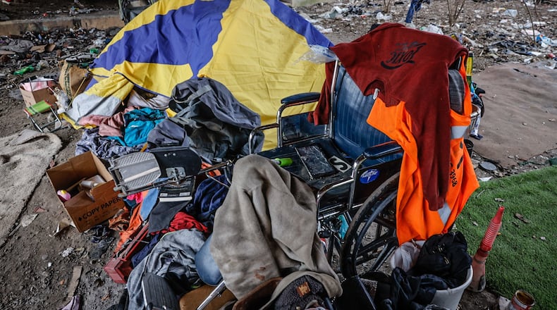 A large homeless encampment is located on East Monument Ave. under the railroad trestle near Dragon Auto Sales. The 2023 Montgomery County Point-in-Time (PIT) Count of homelessness included 790 people, 106 of whom were unsheltered. JIM NOELKER/STAFF