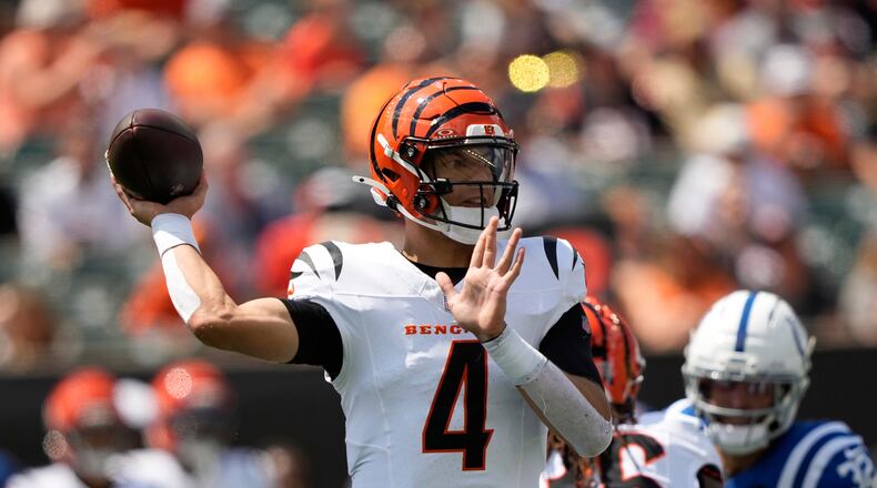 Cincinnati Bengals quarterback Desmond Ridder throws during the first half of a preseason NFL football game against the Indianapolis Colts, Saturday, Aug. 23, 2025, in Cincinnati. (AP Photo/Carolyn Kaster)
