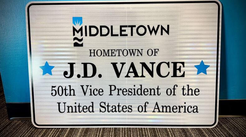 signs to be erected in Middletown recognizing native son JD  Vance who will become the 50th vice president of the United States. CITY OF MIDDLETOWN