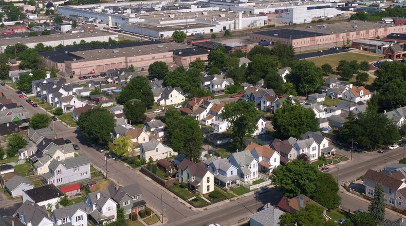 View of McCook neighborhood at the Leonhard and Troy intersection with the Behr plant in the background.