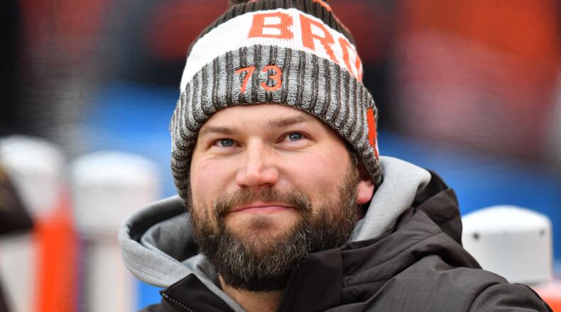 CLEVELAND, OH - DECEMBER 10: Joe Thomas #73 of the Cleveland Browns looks on from the sidelines durning the game against the Green Bay Packers at FirstEnergy Stadium on December 10, 2017 in Cleveland, Ohio. (Photo by Jason Miller/Getty Images)