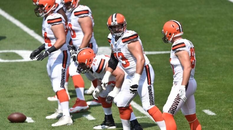 Cleveland Browns tackle Joe Thomas (73) and the Browns offensive line during an NFL football game against the Pittsburgh Steelers, Sunday, Sept. 10, 2017, in Cleveland. Pittsburgh won 21-18. (AP Photo/David Richard)