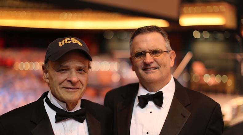 Pulitzer Prize winning author Gilbert King (right) at the Schuster Center  with novelist Tim O’Brien, who won the Richard C. Holbrooke Distinguished Achievement Award the Dayton Literary Peace Prize ceremony in 2013. CONTRIBUTED