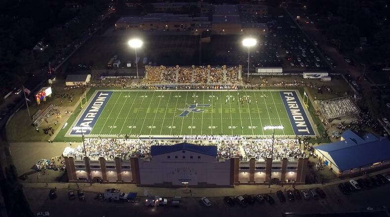 An aerial view of Fairmont’s Roush Stadium, where the Firebirds defeated Hamilton 22-6 on Friday night. TY GREENLEES/STAFF