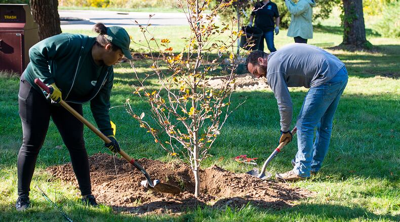 Jasmine Pierce, an Ohio Department of Natural Resources intern, and Adam Yankush, a Wright-Patterson Air Force Base volunteer, plant a new tree Oct. 1 at the Wright Brothers Memorial. WPAFB and ODNR teamed up to plant 26 trees at the memorial for National Public Lands Day. U.S. AIR FORCE PHOTO/WESLEY FARNSWORTH