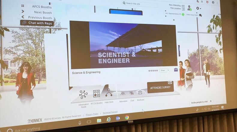 In conjunction with the Air Force’s Personnel Center, the Air Force Materiel Command held a virtual hiring fair April 23 to fill open science, technology, engineering and mathematics positions across the command. This image shows a virtual room in the hiring platform where interested applicants could learn more about open opportunities and initiate chats with subject matter experts to learn more about working for the command. (U.S. Air Force photo/Marisa Alia-Novobilski)