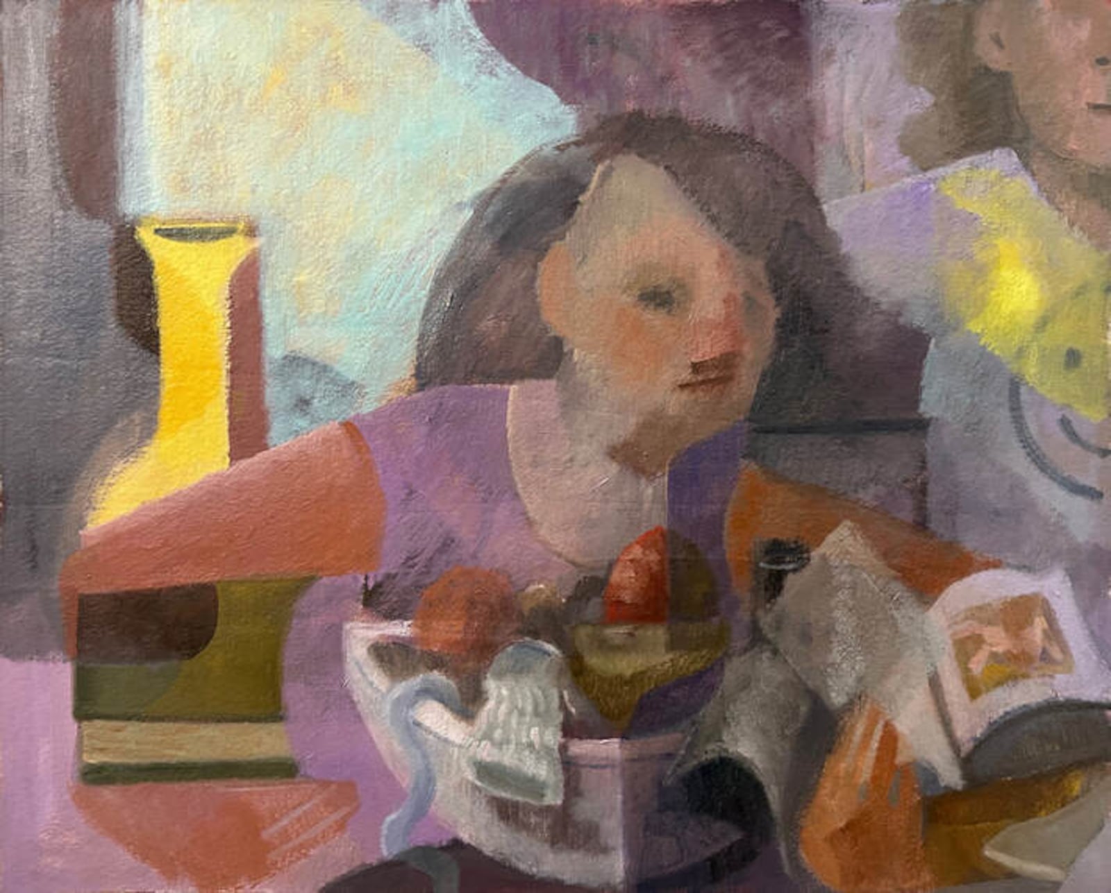 Colleen Kelsey, Alms Bowl, 2024-25, Oil on canvas, 24 x 30.5 inches. The bowl references the Buddhist monastic tradition of going door-to-door for charity, but in Kelsey’s version, the bowl is filled with her family's discarded objects. CONTRIBUTED