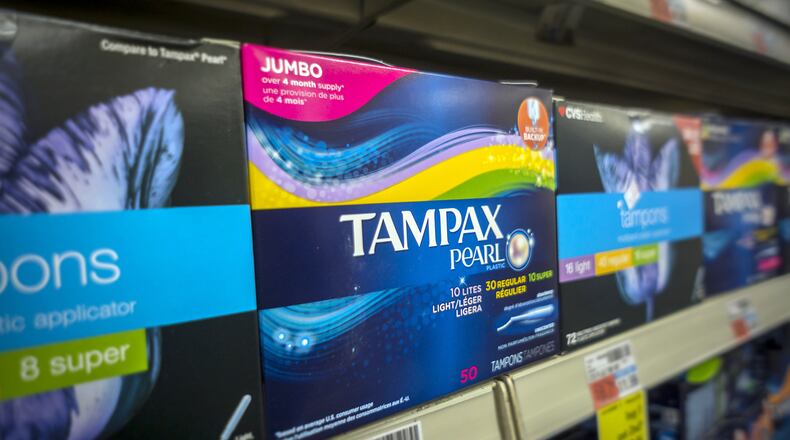 Boxes of tampons are displayed in a pharmacy in New York. (Richard B. Levine/Newscom/Zuma Press/TNS)