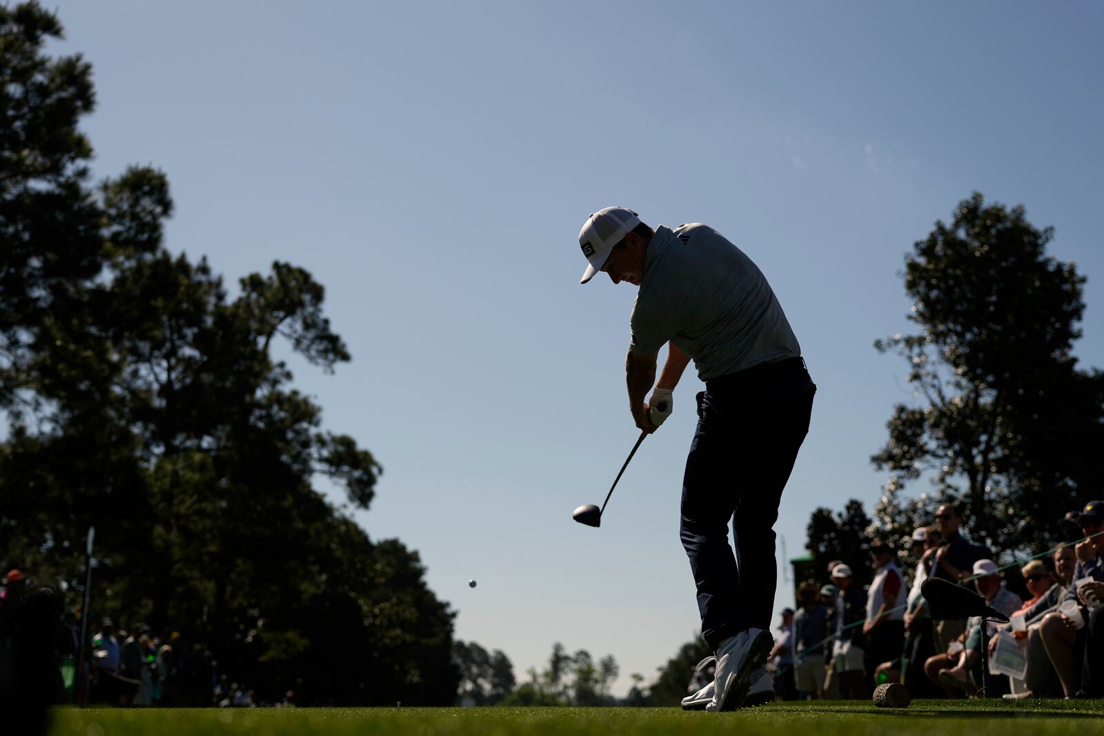 Matt McCarty hits his tee shot on the ninth hole during the second round at the Masters golf tournament, Friday, April 11, 2025, in Augusta, Ga. (AP Photo/Matt Slocum)