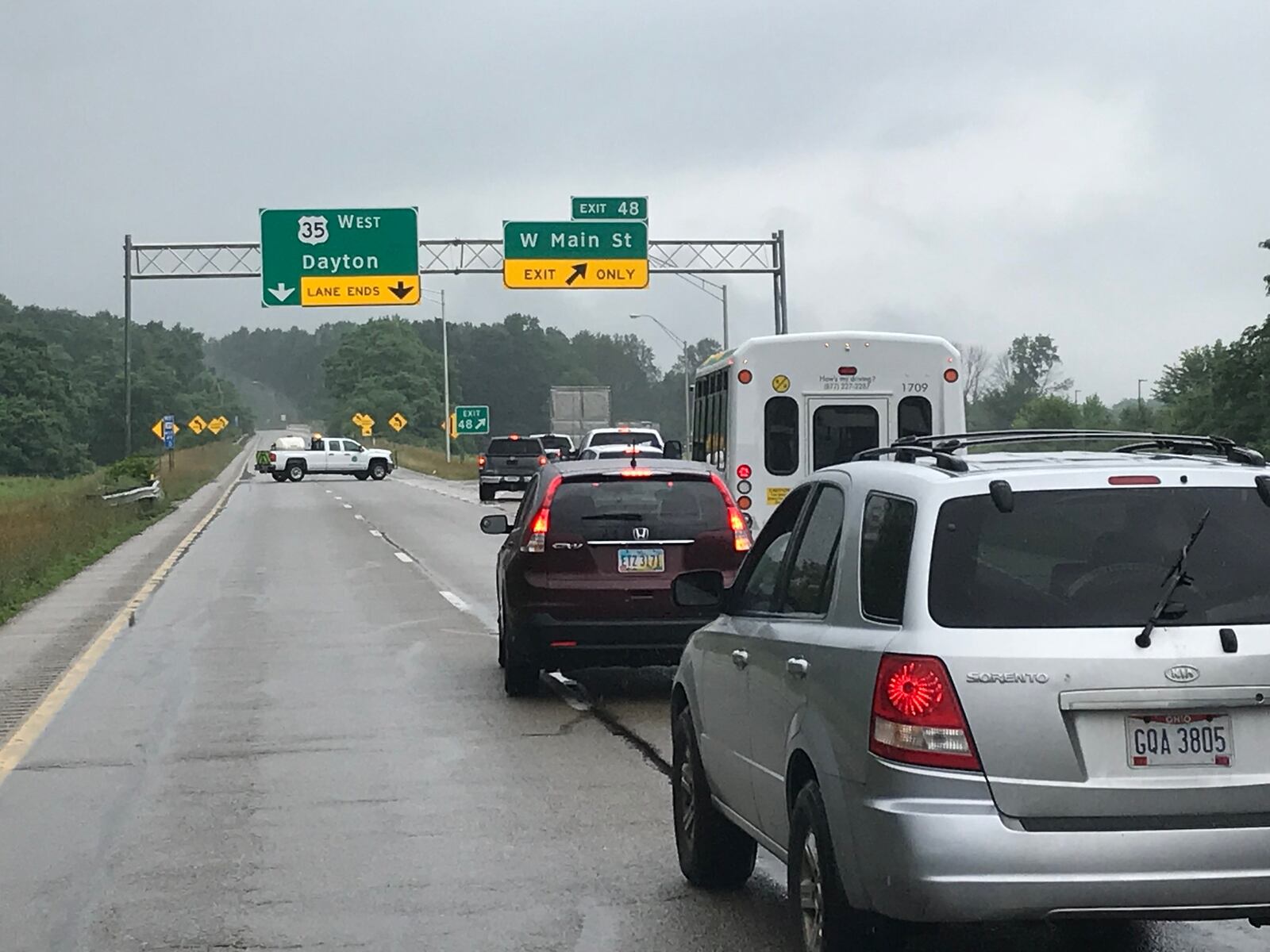 Traffic is being rerouted off U.S. 35 West in Xenia on Thursday afternoon after a semitrailer crashed down an embankment near the highway split at the Xenia business district. (Chuck  Hamlin/Staff)