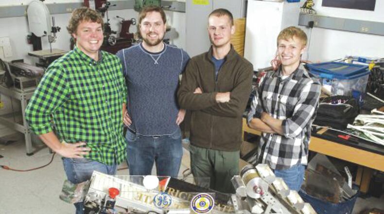 From left, Wright State Robotics Club members Mike Wagner, Tyler Doerman, Brian Shivers and Ryan Hendrickson (along with Logan Rickert, not pictured) will participate in the NASA Robotic Mining Competition at the Kennedy Space Center. SUBMITTED