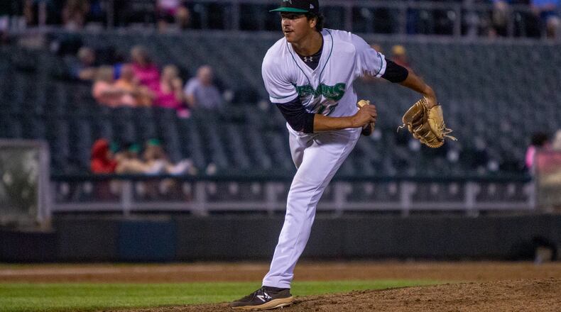 Dayton's Vin Timpanelli fires a pitch plateward from Tuesday night's game vs. Fort Wayne. Jeff Gilbert/CONTRIBUTED