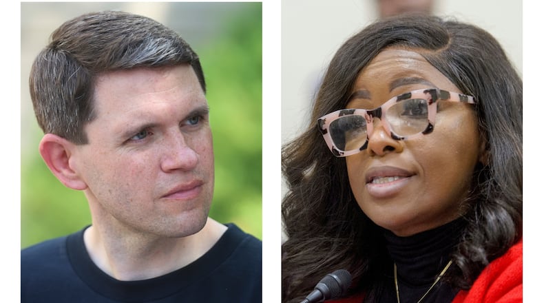 This combination of photos shows Texas state Rep. James Talarico, D-Austin, at a rally on Aug. 16, 2025, in Chicago, left, and Rep. Jasmine Crockett, D-Texas, on Capitol Hill, Feb. 12, 2025, in Washington, right. (AP Photo/Talia Sprague, left, Rod Lamkey, Jr.)