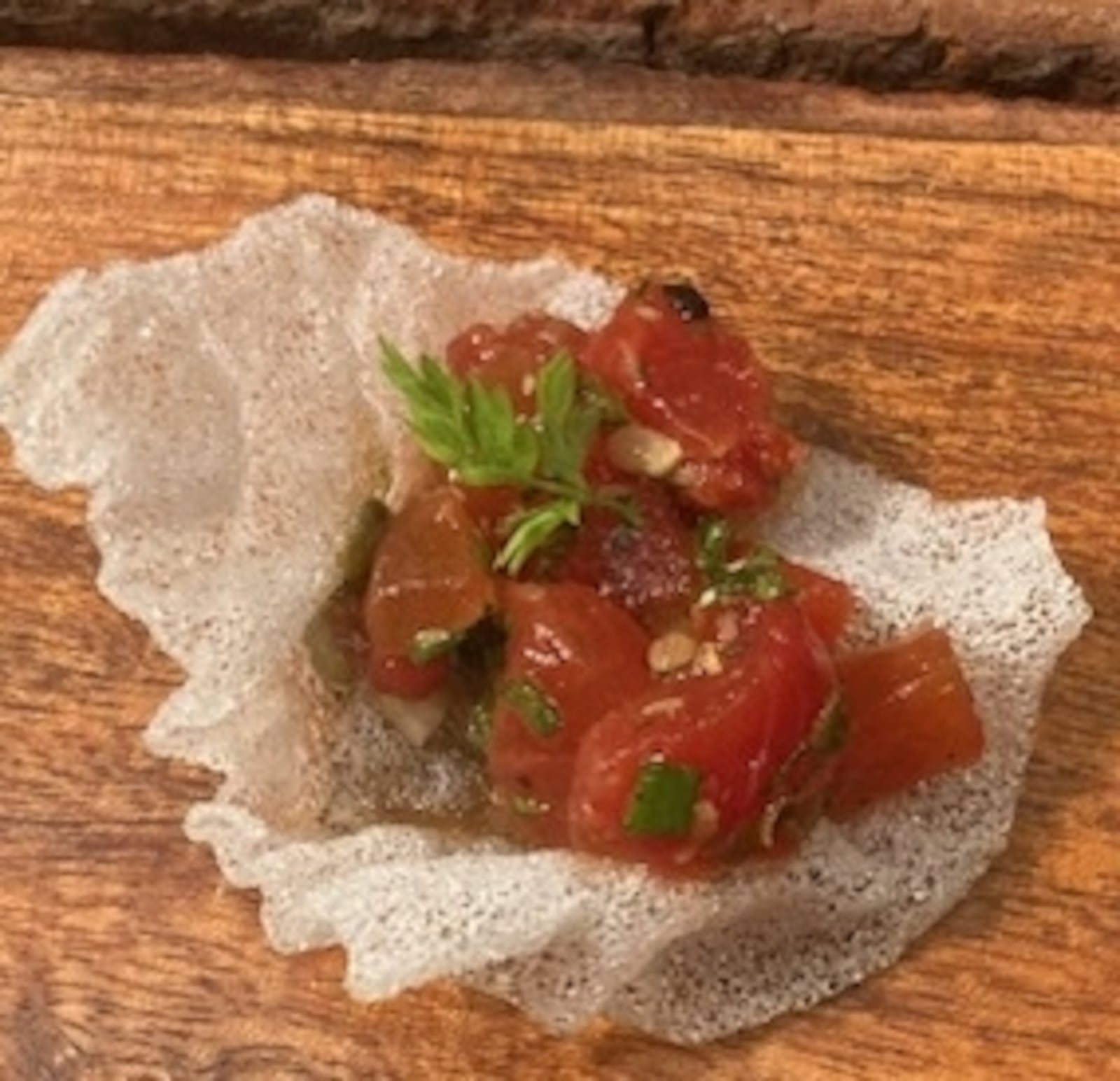 “Chef’s bite,” which is presented as an amuse bouche, was a take on tuna tartare, a simple and tasty dish traditionally prepared with sushi-grade tuna, soy sauce, lime juice and ginger. CONTRIBUTED