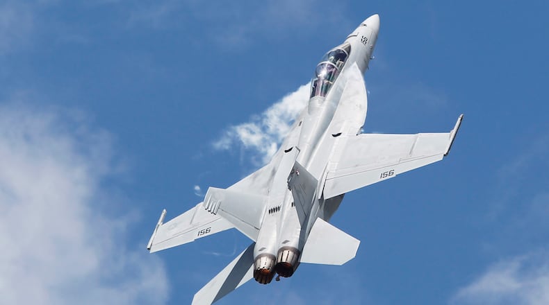 An F/A-18E Super Hornet that flew at the Vectren Dayton Air Show. GE Aviation operations in Vandalia produce alternative generators for the fighter jet. TY GREENLEES / STAFF